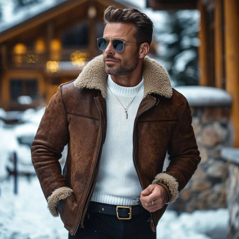 Men's Vine Leather Lambswool Patchwork WarLapelipper Coat