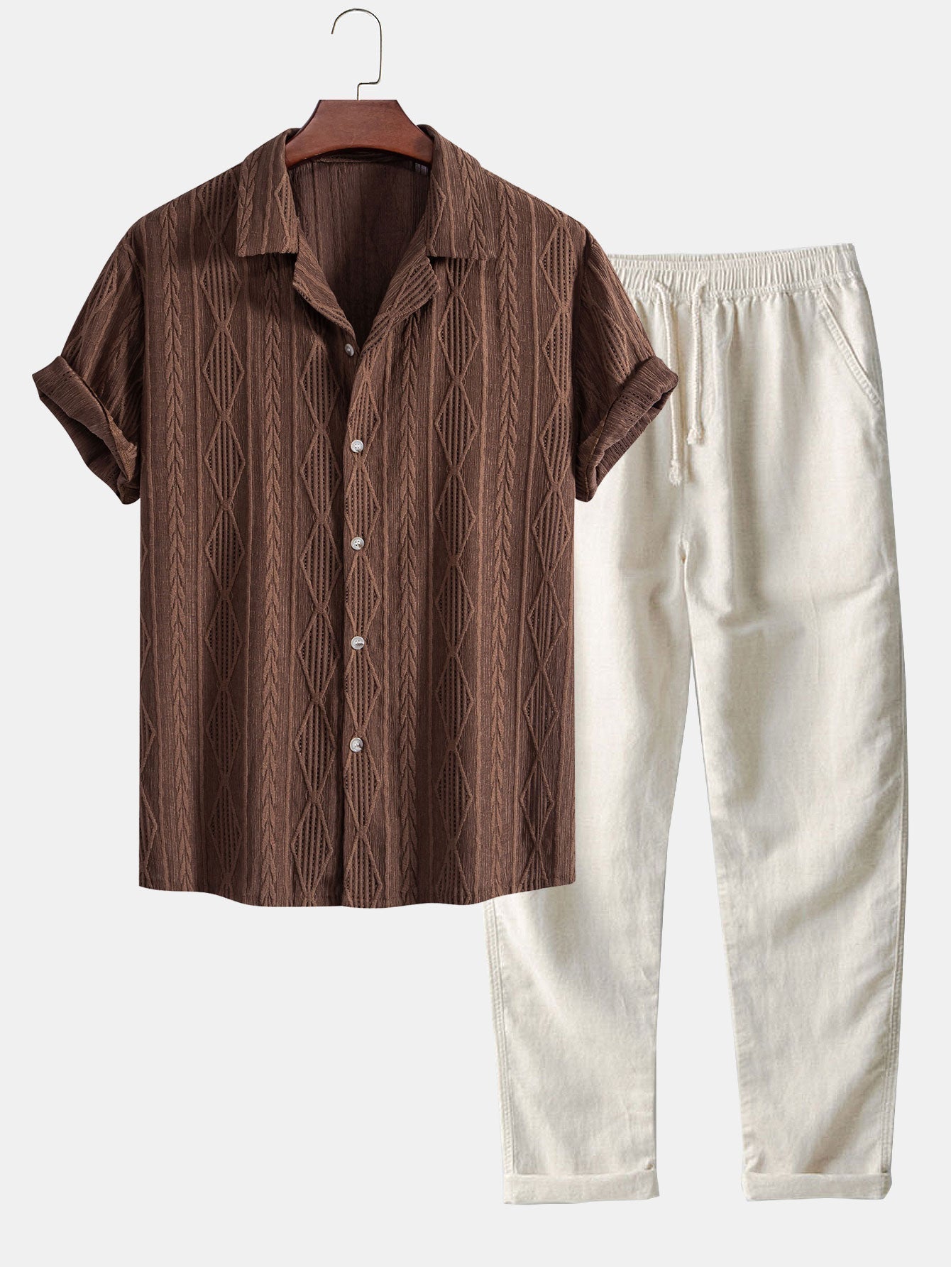 Ademar® | Geometric Jacquard Cuban Shirt & Straight Leg Linen Pants