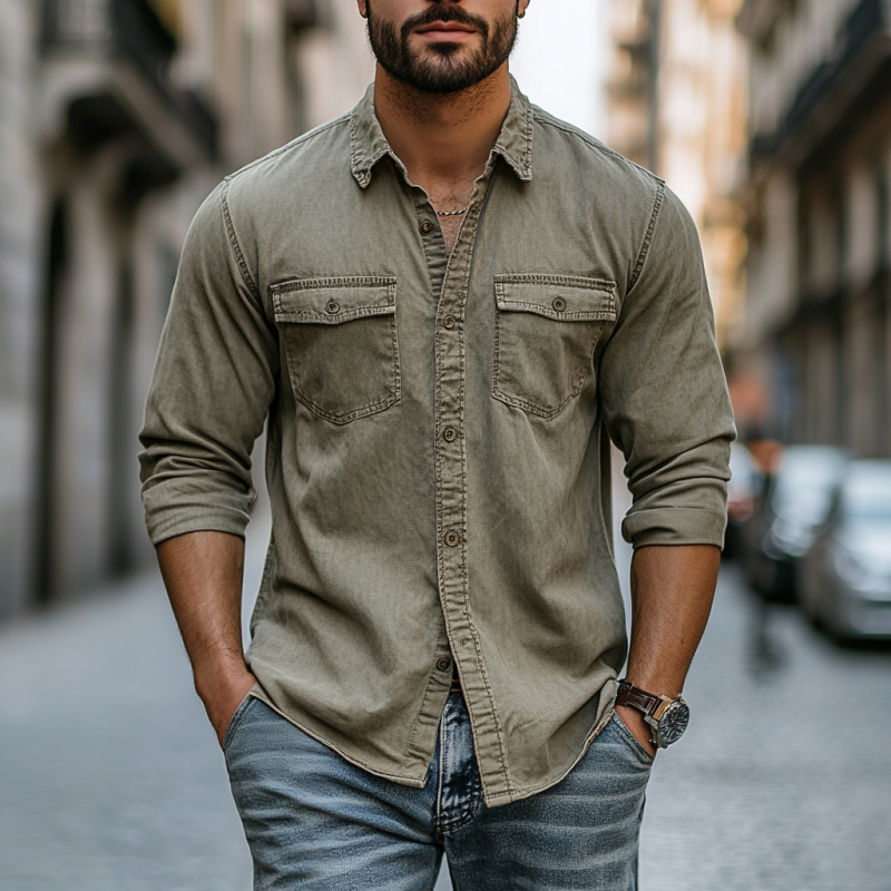 Kendall | Men'S Vintage Distressed Washed Cotton Lapel Chest Pocket Slim Fit Long Sleeve Work Shirt