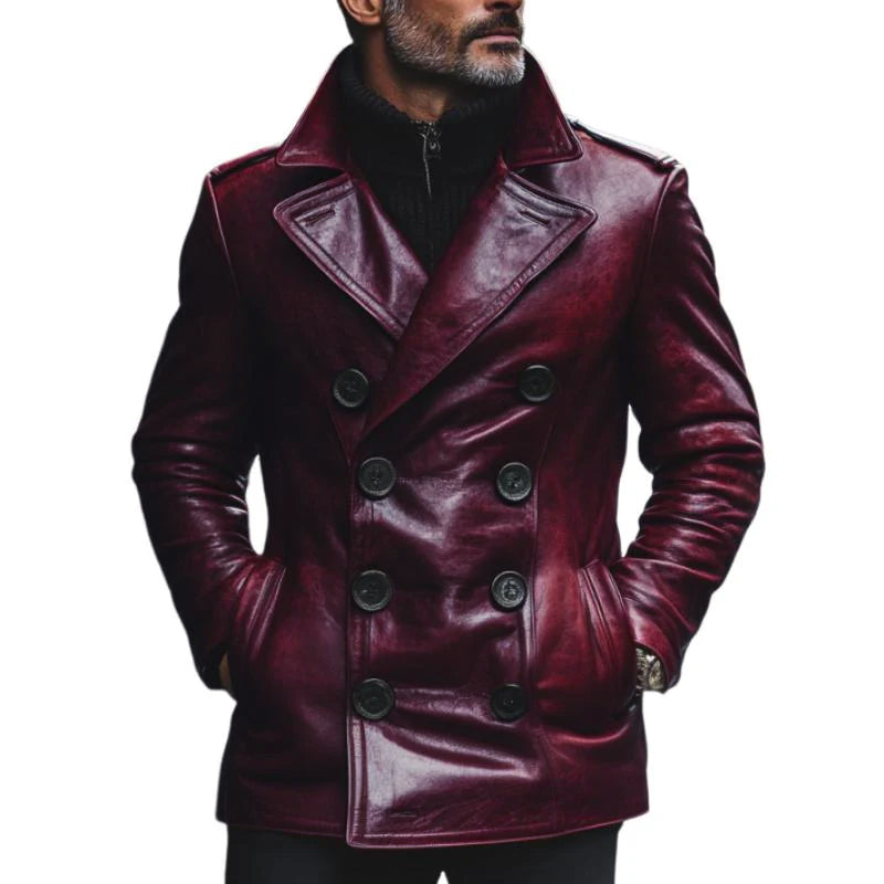 Men's Vine Notch Lapel Doble Breasted SliFit Leather Coat