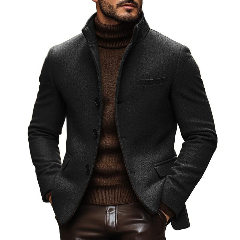 Men's Vintage Wool Blend Stand Collar Single Breasted Slim Blazer