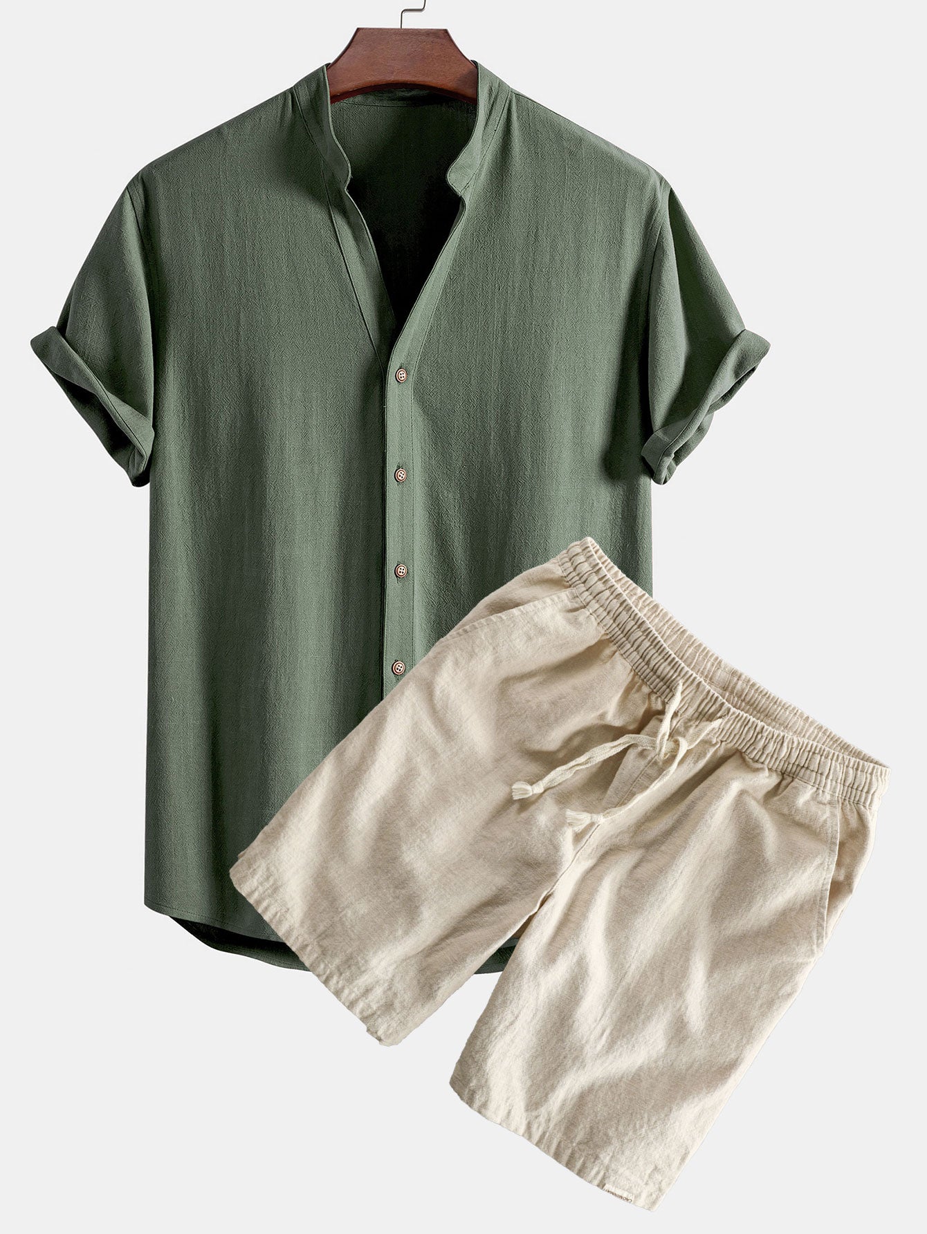 Gualterio® | Short Sleeve V Neck Linen Rayon Blend Shirt & Linen Cotton Blend Drawstring Shorts
