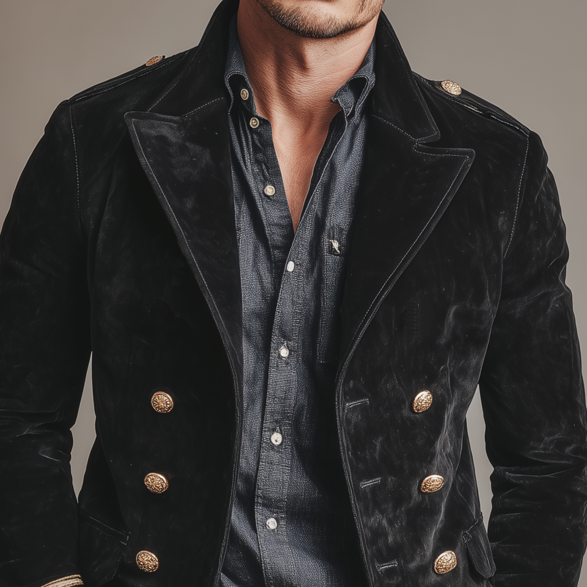 Men's Classic Retro Lapel Doble-breasted Epalette Fax Velvet Jacket