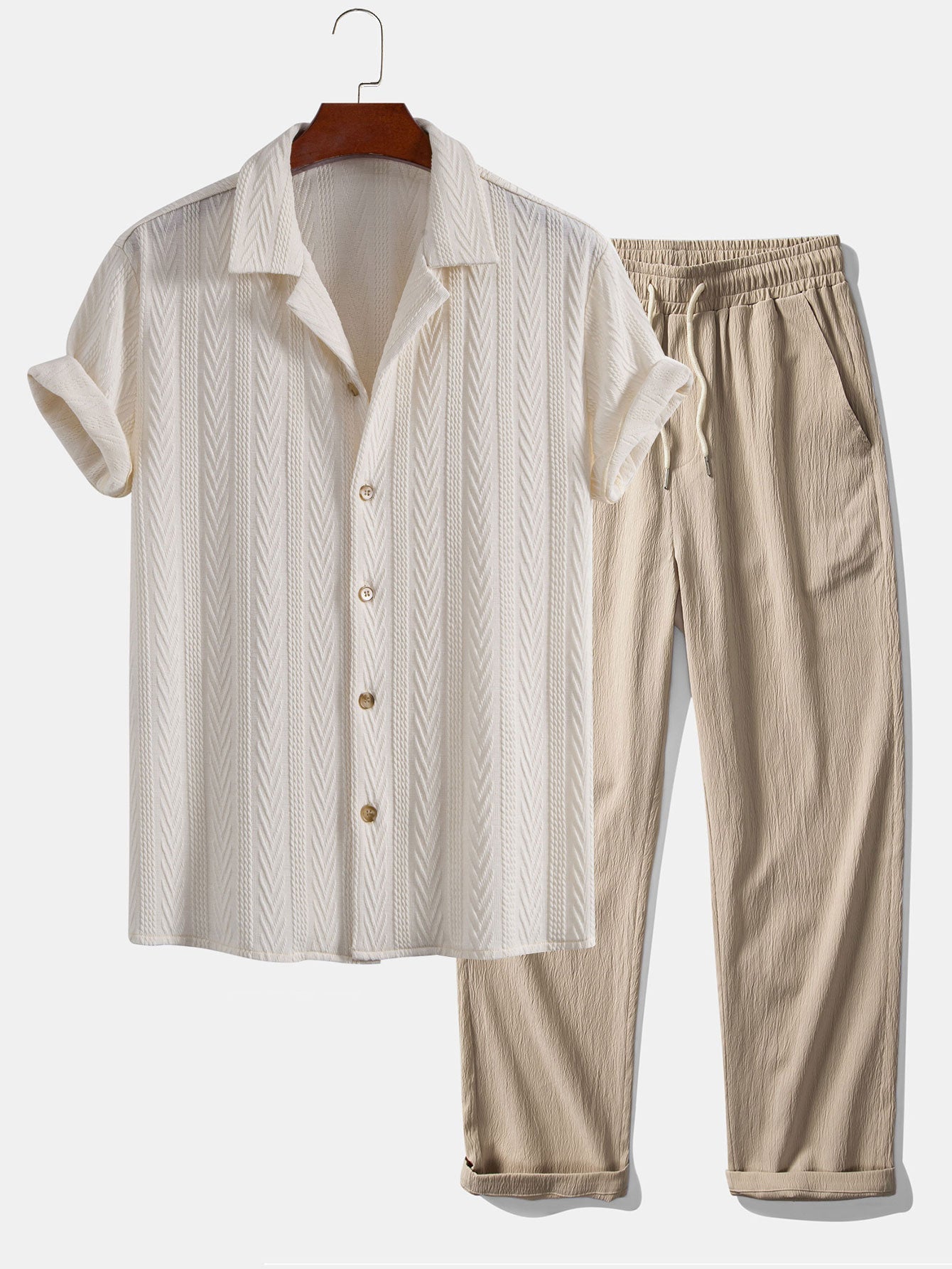 Benito® | Texture Jacquard Cuban Shirt & Wrinkle Textured Straight Leg Pants
