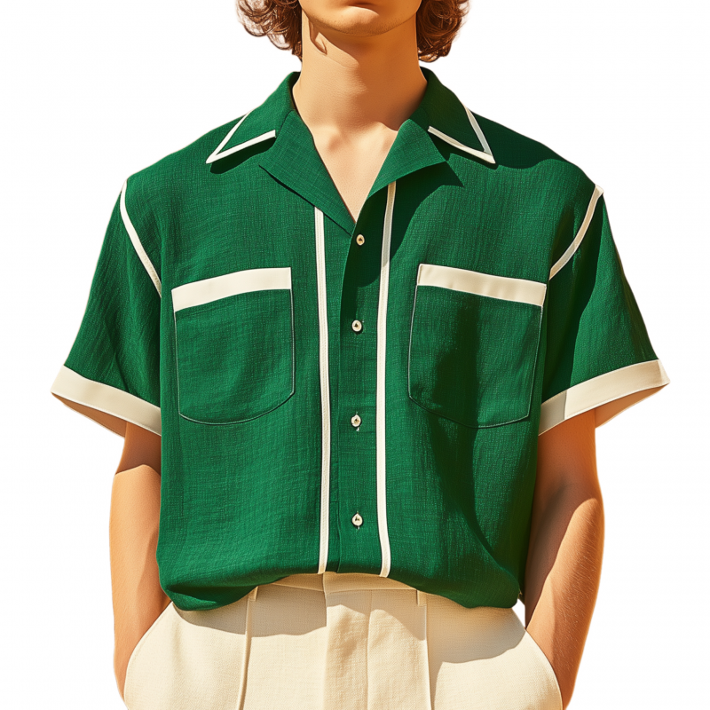 Mitchell | Men'S Casual Breathable Linen Contrast Patchwork Lapel Patch Pocket Loose Short-Sleeved Shirt