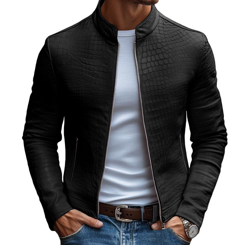 Bartolomeo® | Men's Fashion Stone Pattern Stand Collar Zipper Slim Fit Leather Jacket 45773252M