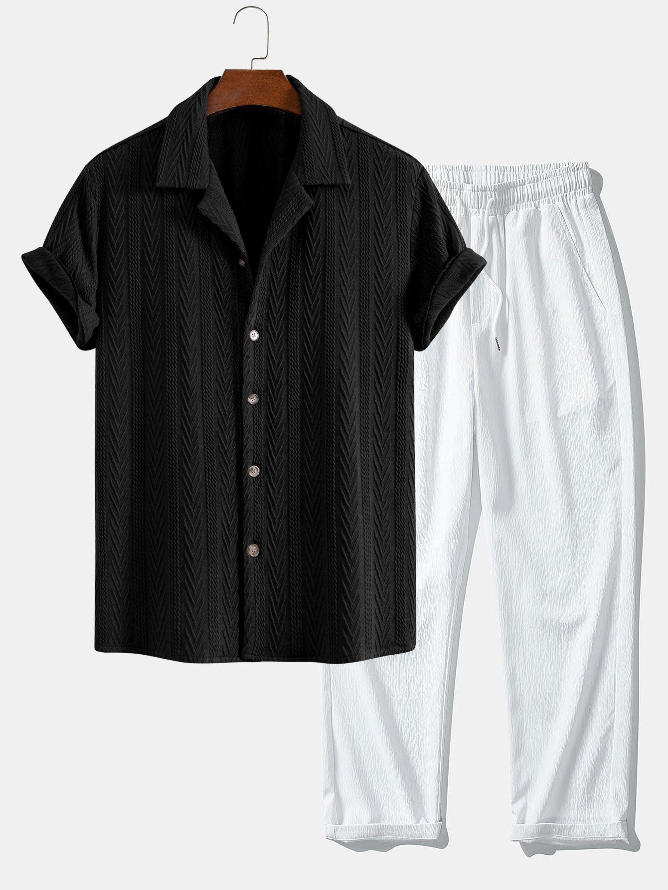 Benito® | Texture Jacquard Cuban Shirt & Wrinkle Textured Straight Leg Pants