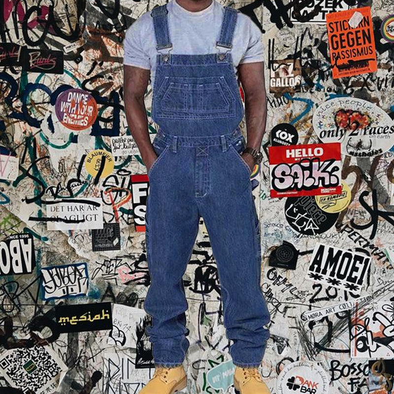 Men's Casual Washed Denim Multi-pocket Loose Overalls