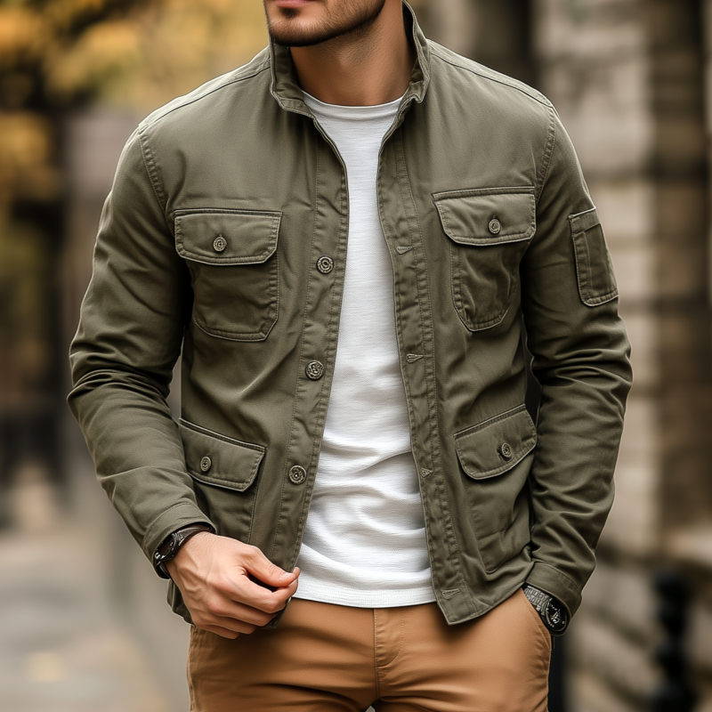 Maximiliano | Men'S Casual Outdoor Solid Color Breathable Cotton Washed Stand Collar Multi-Pocket Workwear Jacket