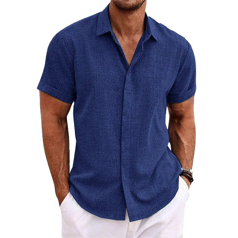 Men's Solid Color Lapel Cotn Linen Short Sleeve Shirt