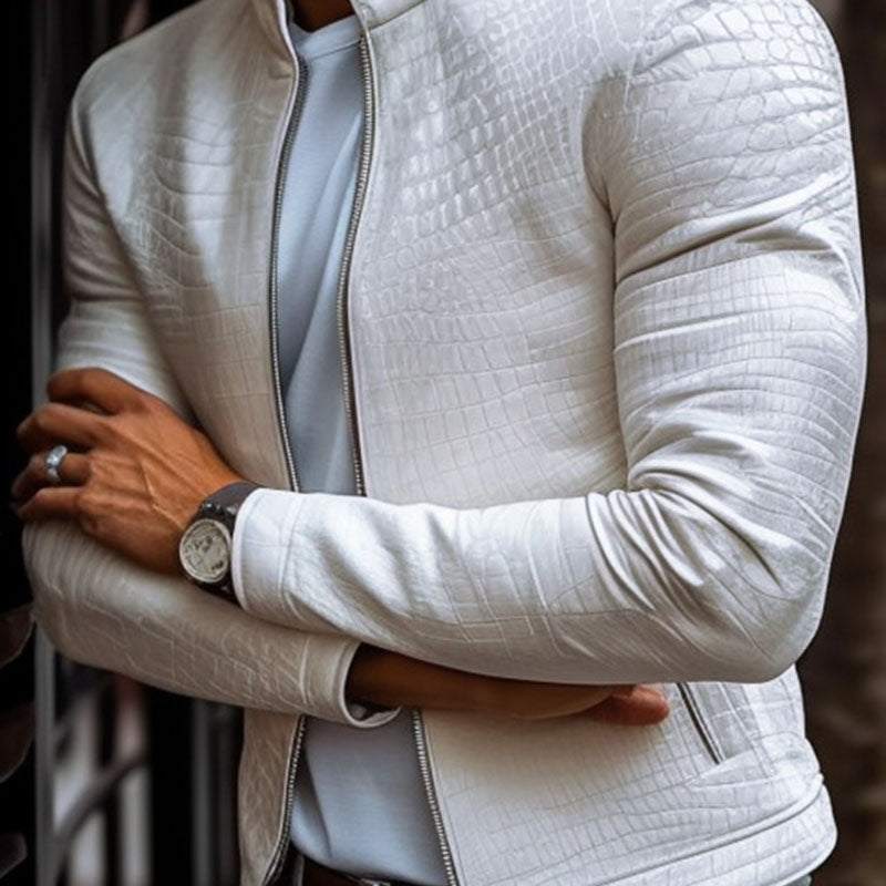 Bartolomeo® | Men's Fashion Stone Pattern Stand Collar Zipper Slim Fit Leather Jacket 45773252M