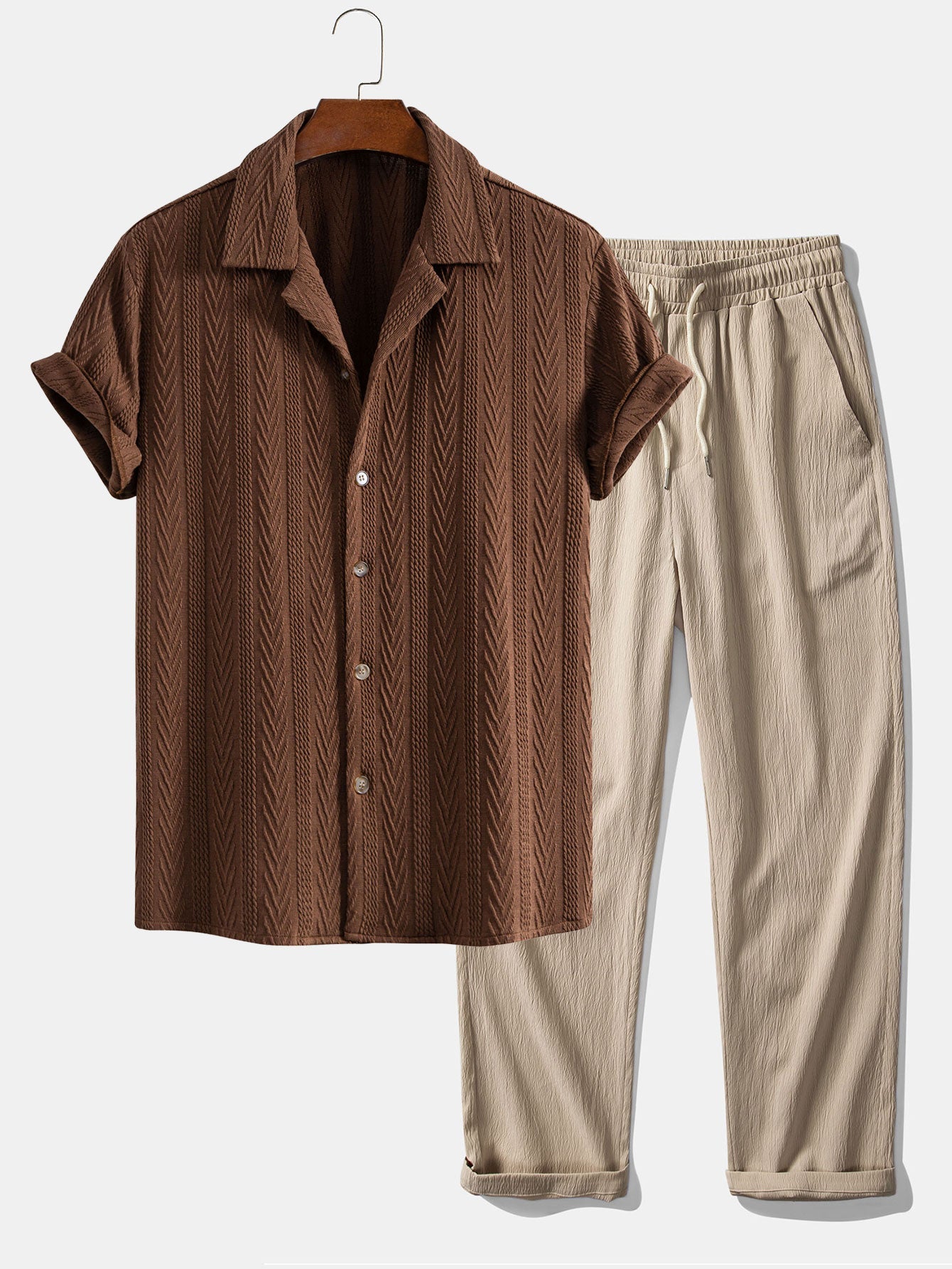 Benito® | Texture Jacquard Cuban Shirt & Wrinkle Textured Straight Leg Pants
