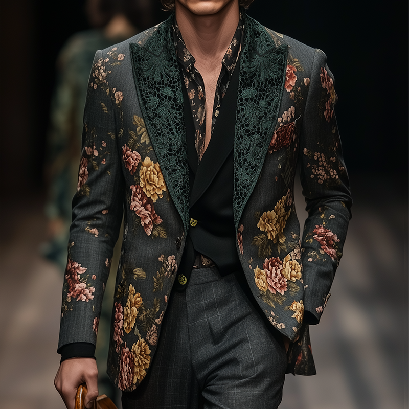 Alexander | Men'S Retro Large Flower Print Lace Stitching Casual Blazer