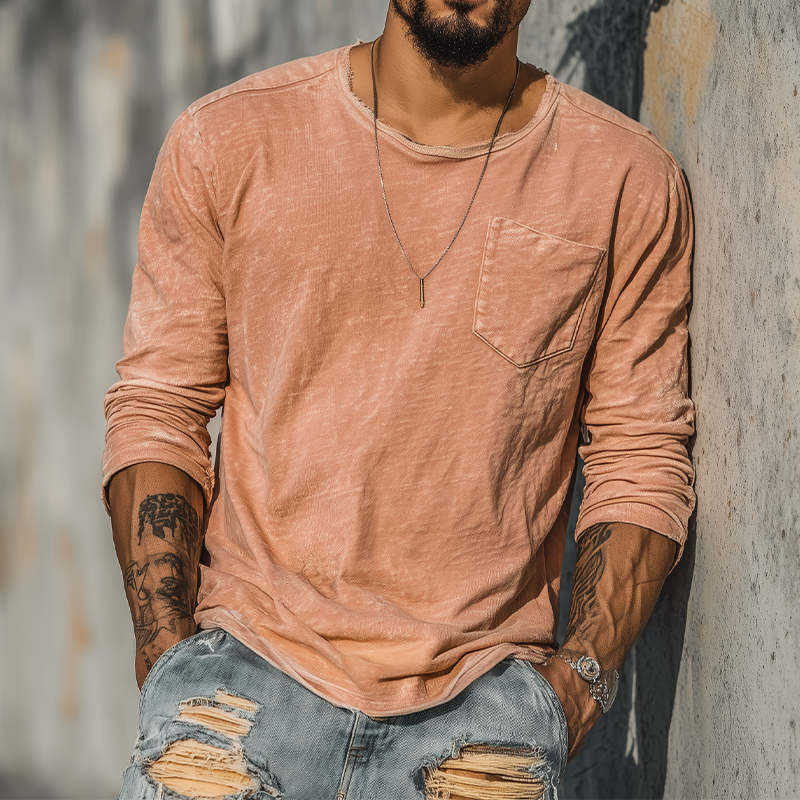 Troy | Men'S Spring And Summer Casual Tough Guy Style Round Neck Raw Edge Bamboo Cotton Long Sleeve T-Shirt