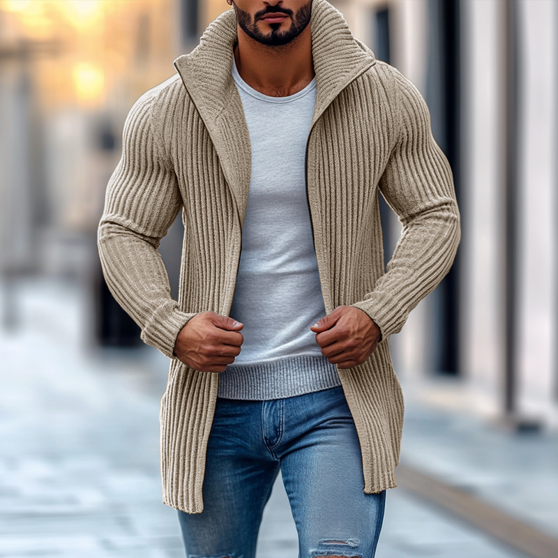 Men's Fashion Stand Collar Solid Striped Long Sleeve Mid-length Knit Cardigan