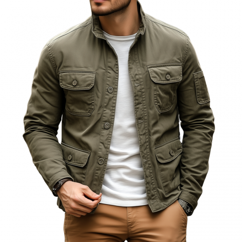 Maximiliano | Men'S Casual Outdoor Solid Color Breathable Cotton Washed Stand Collar Multi-Pocket Workwear Jacket