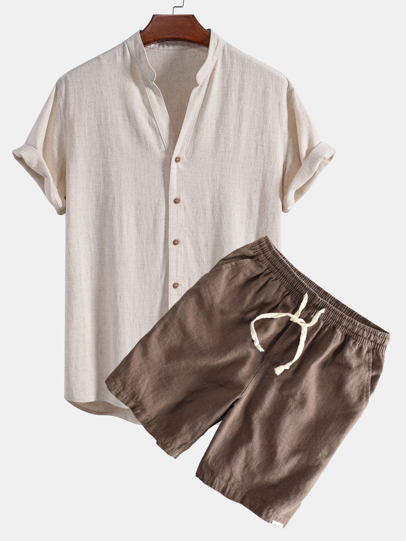 Gualterio® | Short Sleeve V Neck Linen Rayon Blend Shirt & Linen Cotton Blend Drawstring Shorts