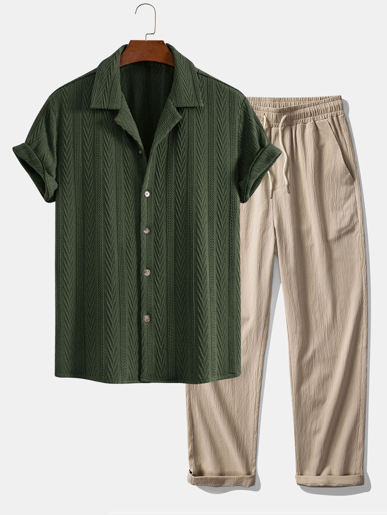 Benito® | Texture Jacquard Cuban Shirt & Wrinkle Textured Straight Leg Pants