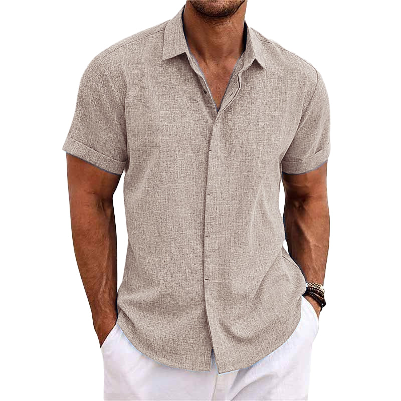 Men's Solid Color Lapel Cotn Linen Short Sleeve Shirt