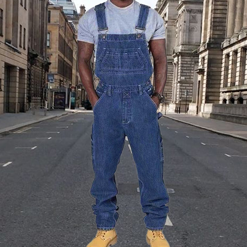 Men's Casual Washed Denim Multi-pocket Loose Overalls
