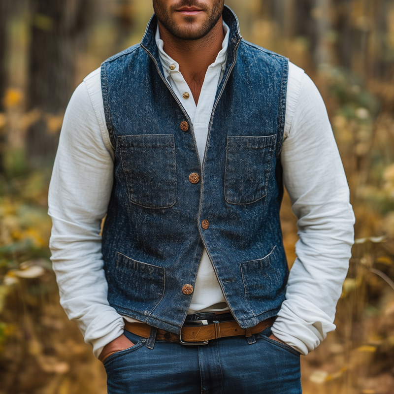 Ivan | Men'S Vintage Washed Stand Collar Single Breasted Multi-Pocket Slim Fit Denim Vest