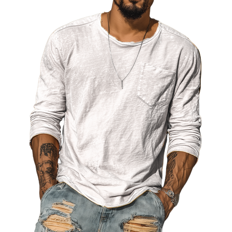 Troy | Men'S Spring And Summer Casual Tough Guy Style Round Neck Raw Edge Bamboo Cotton Long Sleeve T-Shirt