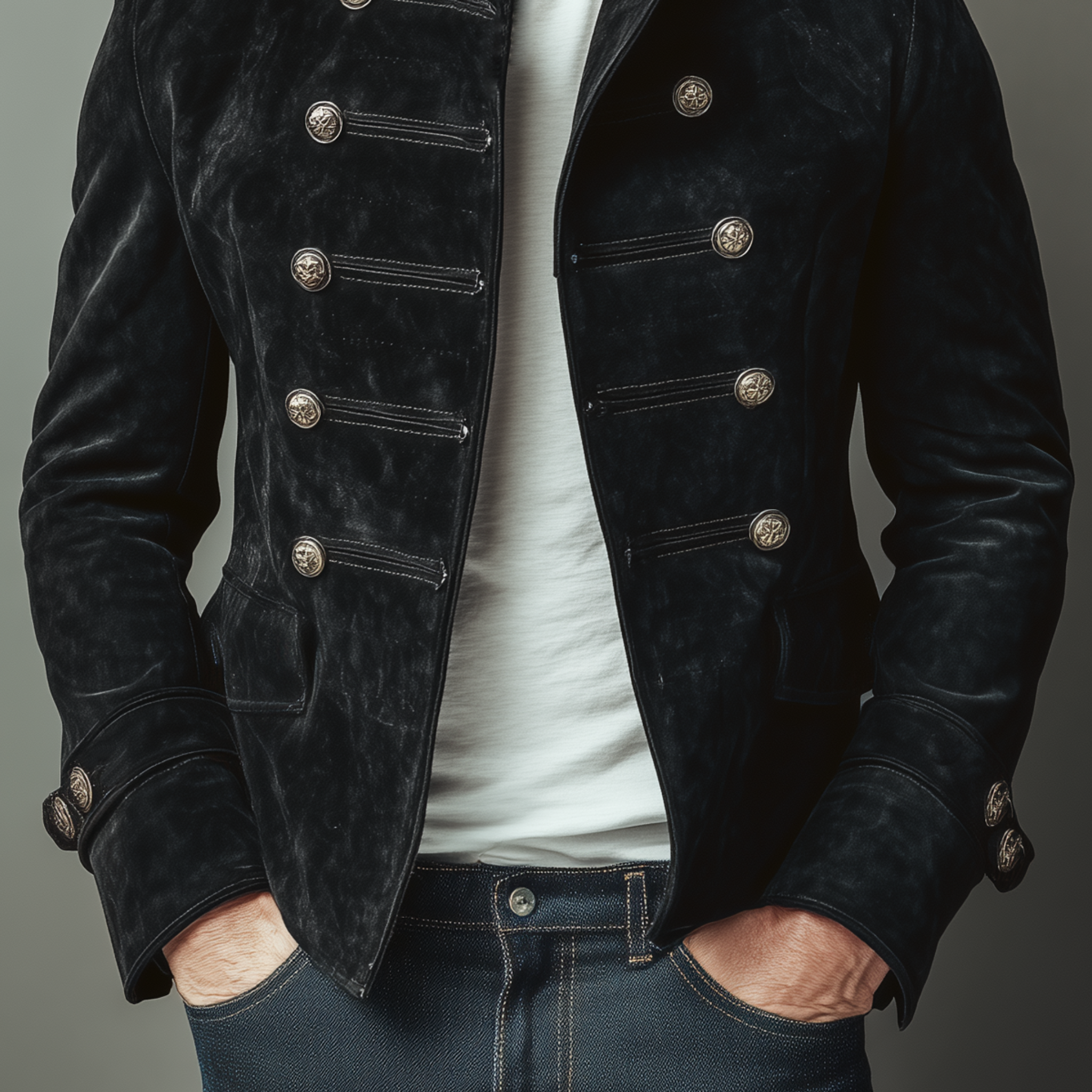 Men's Classic Retro Stand Collar Fax Sede Doble-breasted Slim-fit JacketK