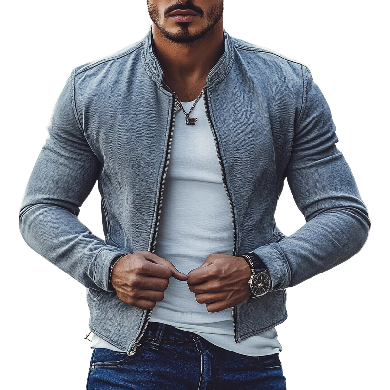 Herman | Men'S Vintage Washed Denim Biker Zip-Up Jacket