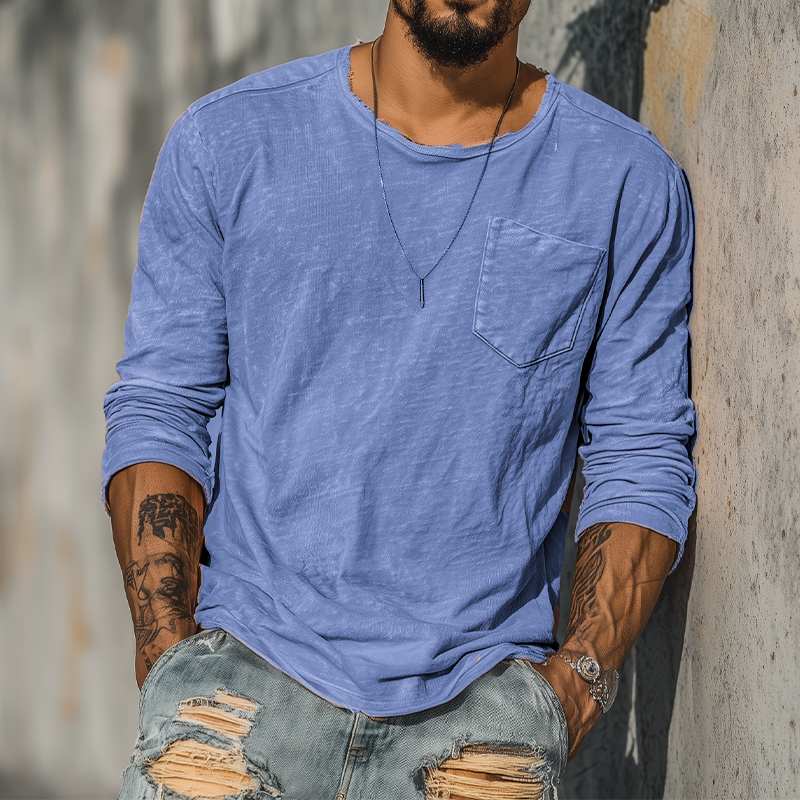 Troy | Men'S Spring And Summer Casual Tough Guy Style Round Neck Raw Edge Bamboo Cotton Long Sleeve T-Shirt