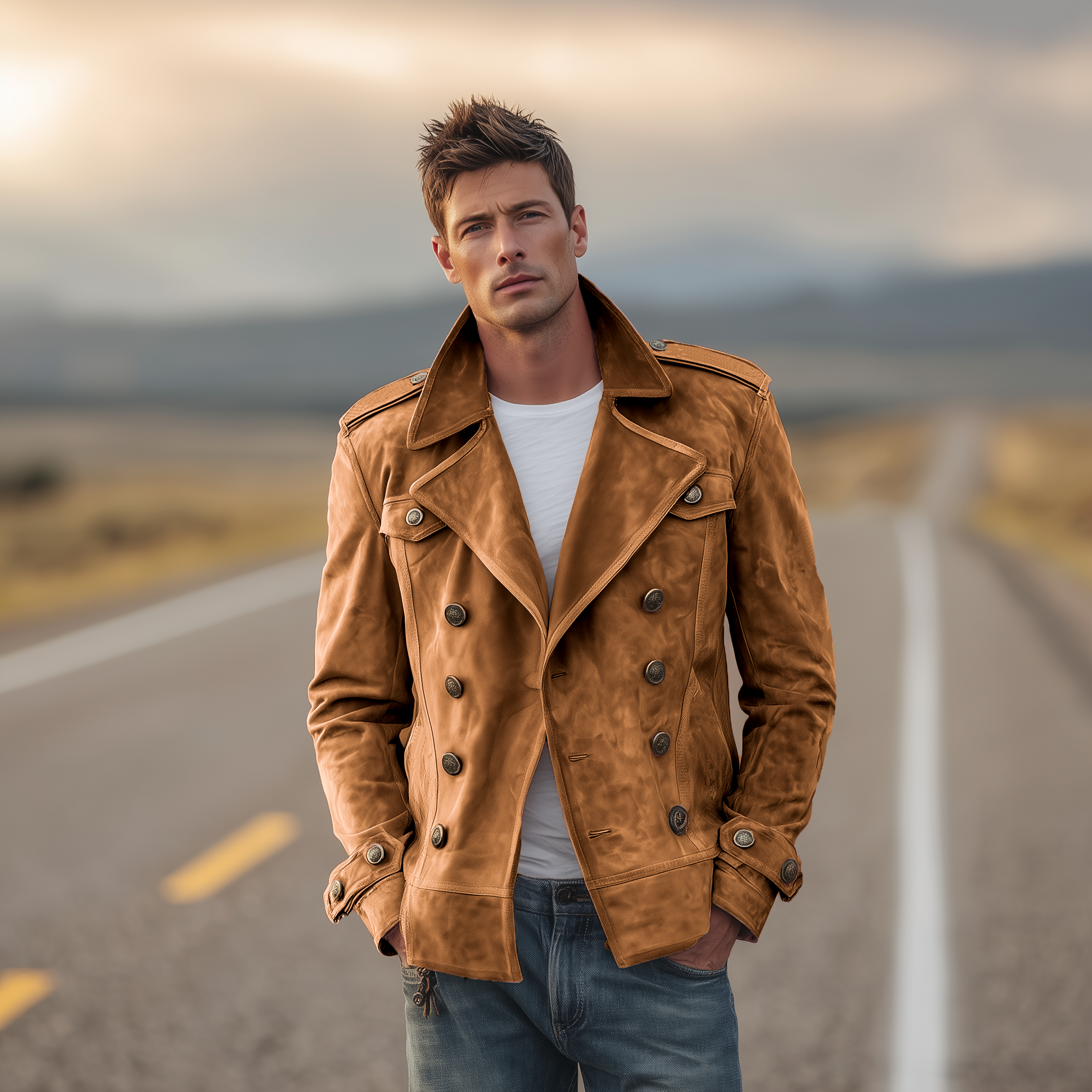 Men's Classic Retro Western Style Lapel Suede Epaulette Double-breasted Jacket