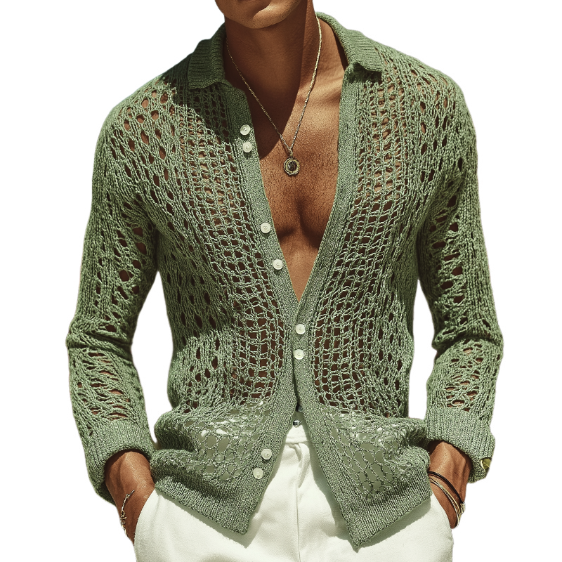 Alan | Men'S Retro Casual Hollow Knit Lapel Long Sleeve Shirt
