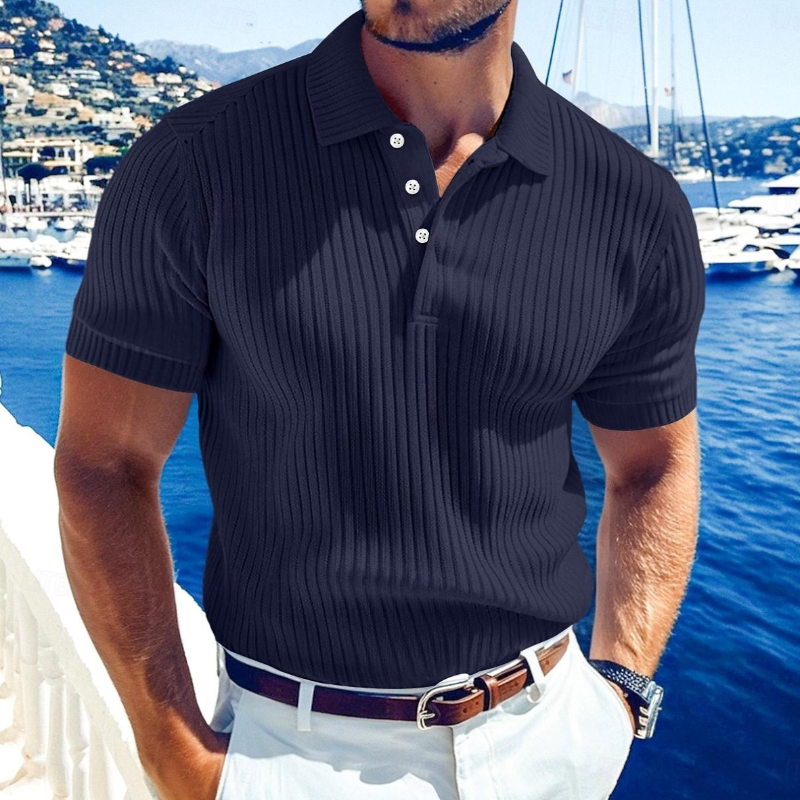 Men's Casal Solid Color Softnit Lapel SliShort Sleeve Polo Shirt Sweater