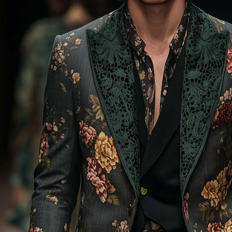 Alexander | Men'S Retro Large Flower Print Lace Stitching Casual Blazer