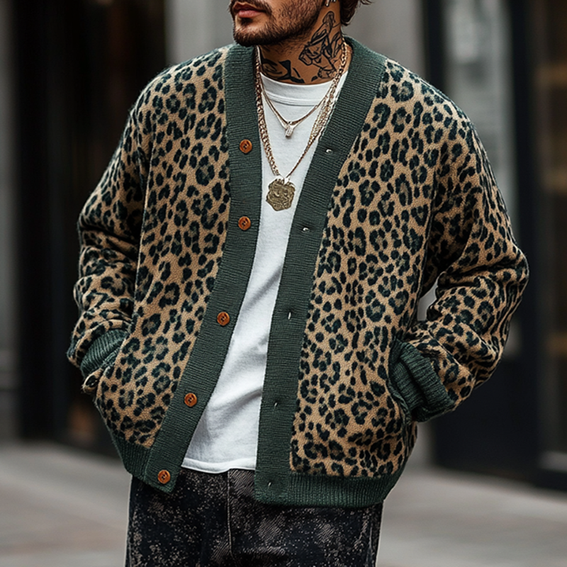 Men's Vintage Leopard Jacquard Colorblock Single Breasted Cardigan