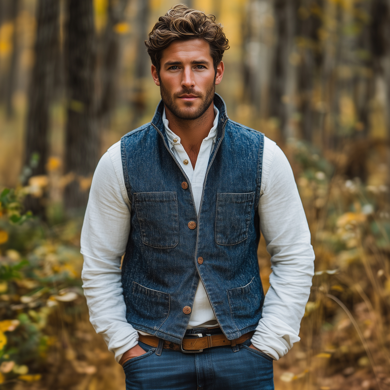 Ivan | Men'S Vintage Washed Stand Collar Single Breasted Multi-Pocket Slim Fit Denim Vest