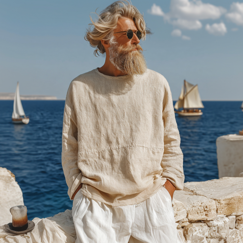 Theo | Men'S Casual Breathable Cotton Linen Round Neck Loose Long-Sleeved T-Shirt