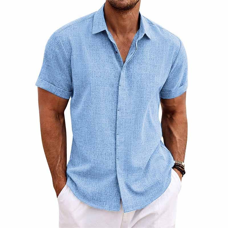 Men's Solid Color Lapel Cotn Linen Short Sleeve Shirt