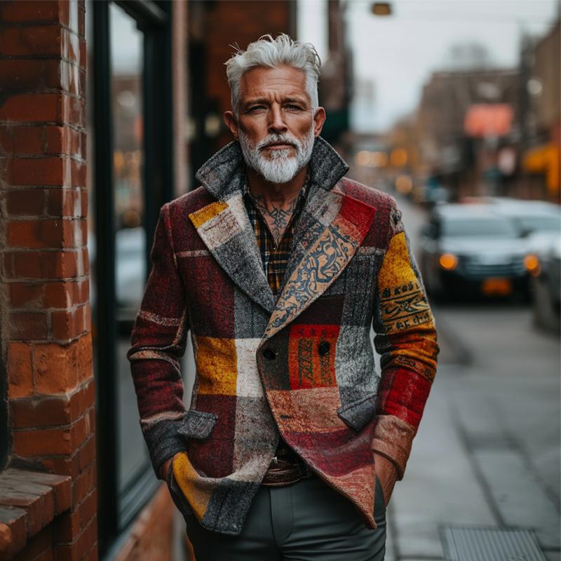 Men's Retro Casal Tweed Plaid Ethnic Style Printed Jacket