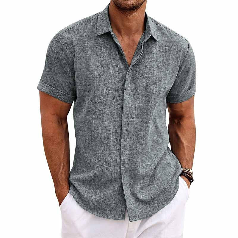 Men's Solid Color Lapel Cotn Linen Short Sleeve Shirt