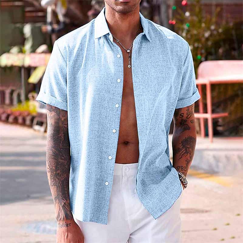 Men's Solid Color Lapel Cotn Linen Short Sleeve Shirt