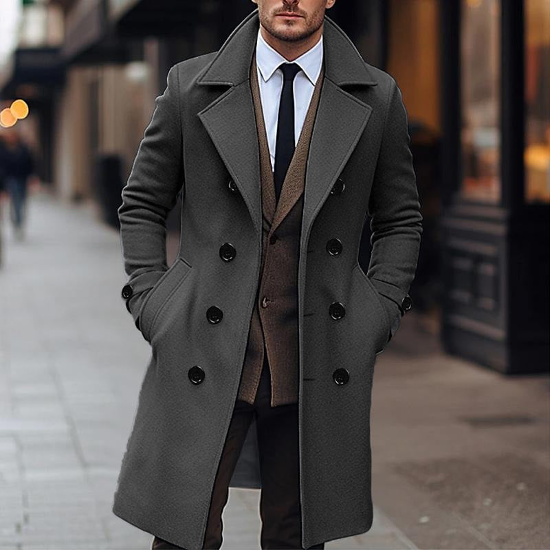 Men's Solid Notch Lapel Doble Breasted Long Coat