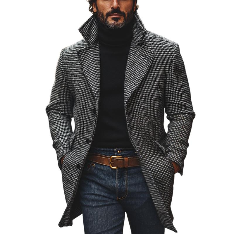 Men's Classic Houndstooth Notch Lapel Single Breasted Mid-Length Coat