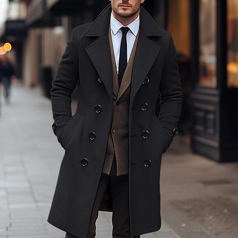 Men's Solid Notch Lapel Doble Breasted Long Coat