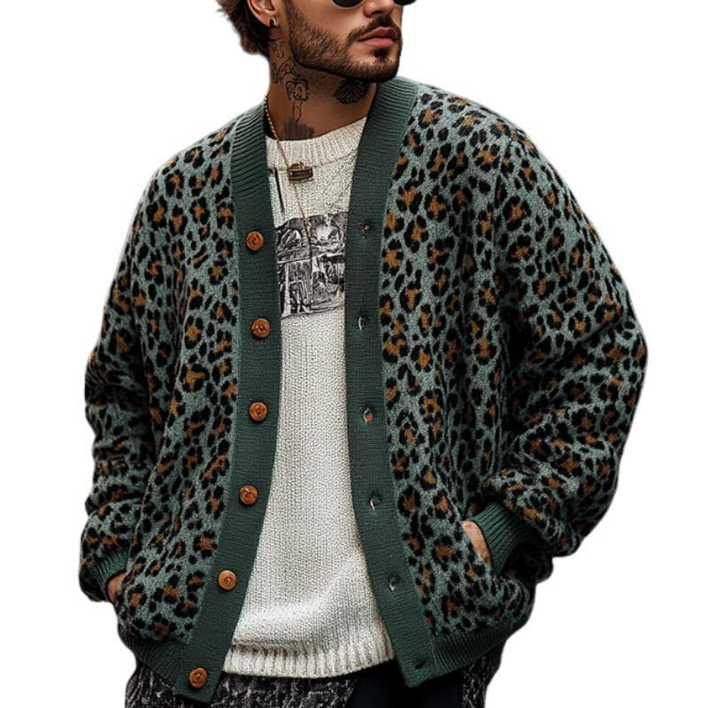 Men's Vintage Leopard Jacquard Colorblock Single Breasted Cardigan