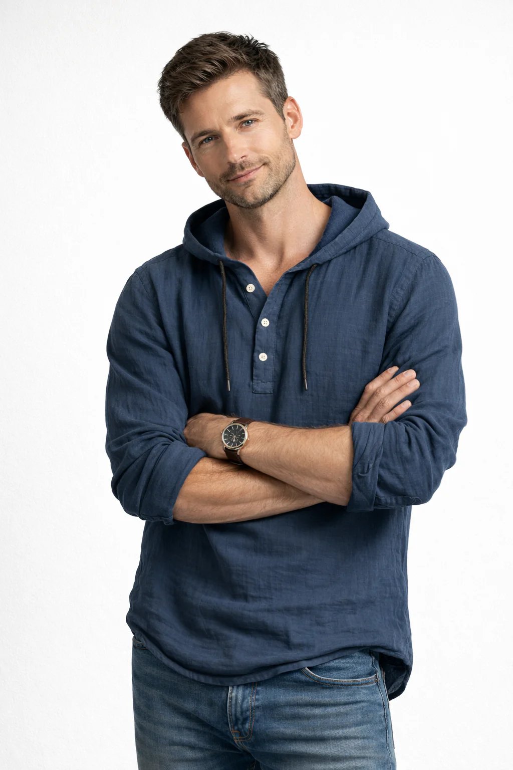 Randolph™ | Linen Hoodie with Button Placket Detail