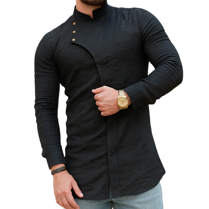 Adam | Men'S Retro Casual Solid Color Cotton And Linen Stand Collar Long Sleeve Shirt