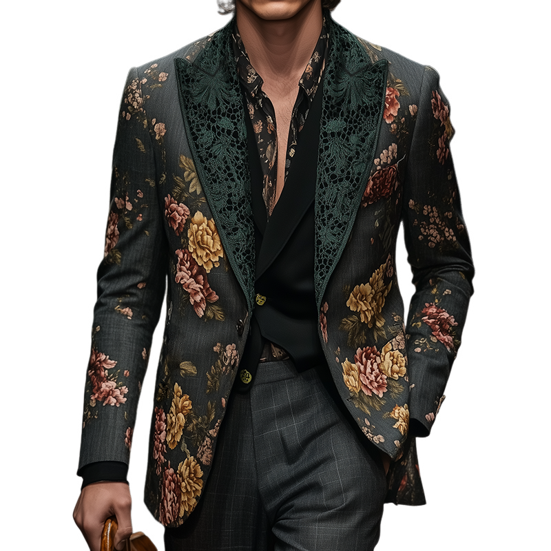 Alexander | Men'S Retro Large Flower Print Lace Stitching Casual Blazer