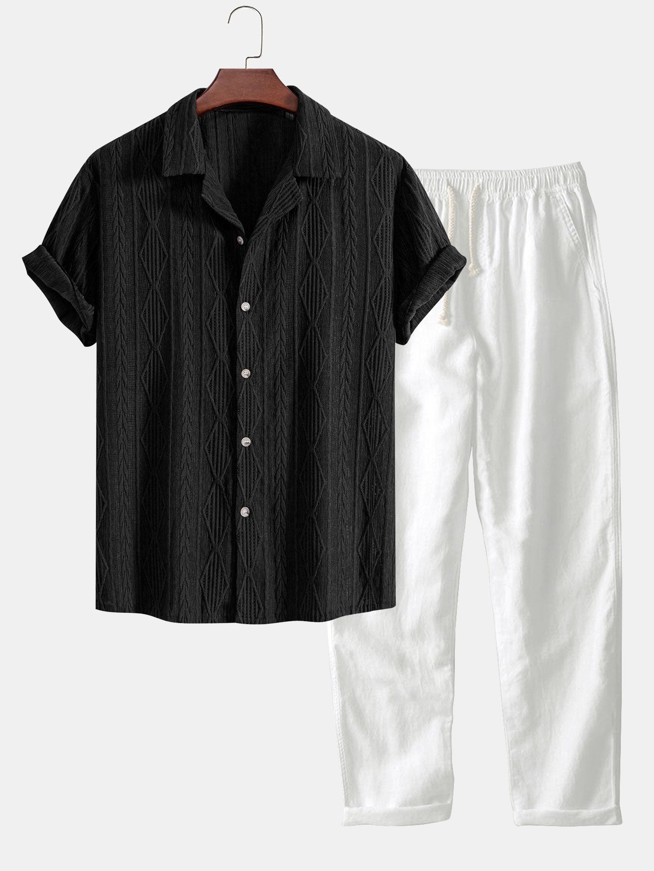Ademar® | Geometric Jacquard Cuban Shirt & Straight Leg Linen Pants
