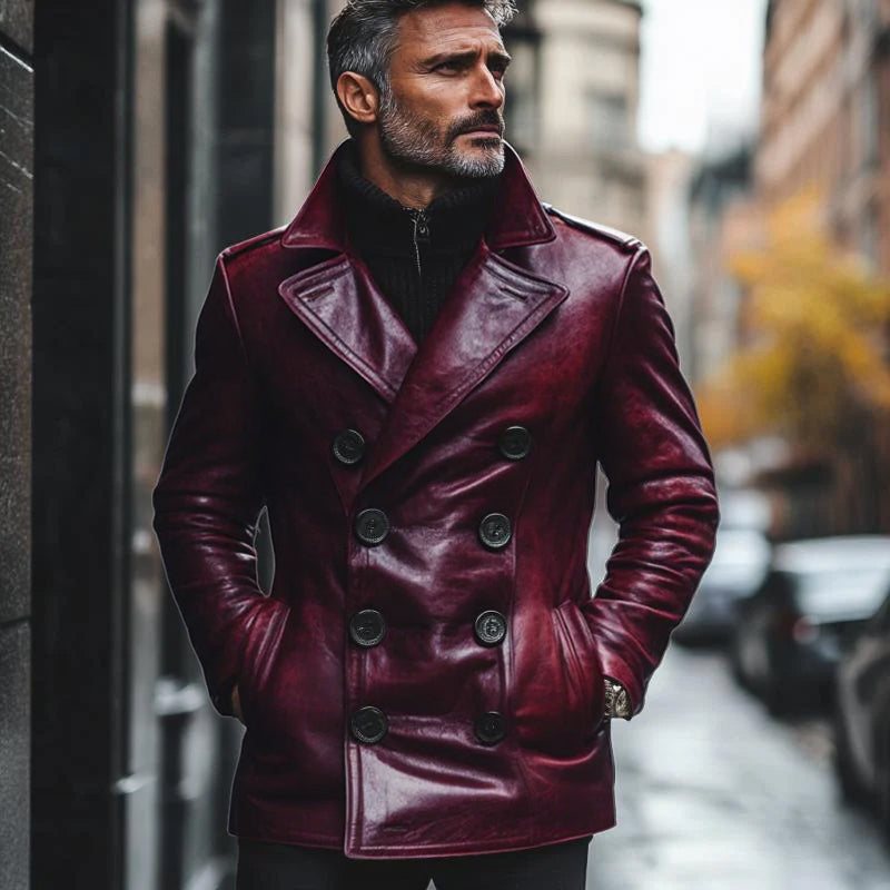 Men's Vine Notch Lapel Doble Breasted SliFit Leather Coat