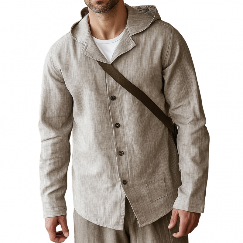 Aaron | Men'S Casual Solid Color Breathable Linen Lapel Hooded Loose Long Sleeve Shirt